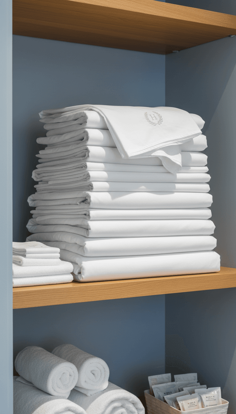 Neatly folded hotel bed linen on a shelf