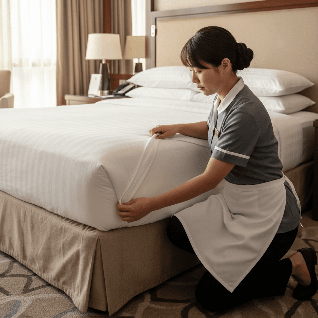 hotel housekeeper fitting fitted sheet neatly onto mattress corner in hotel room
