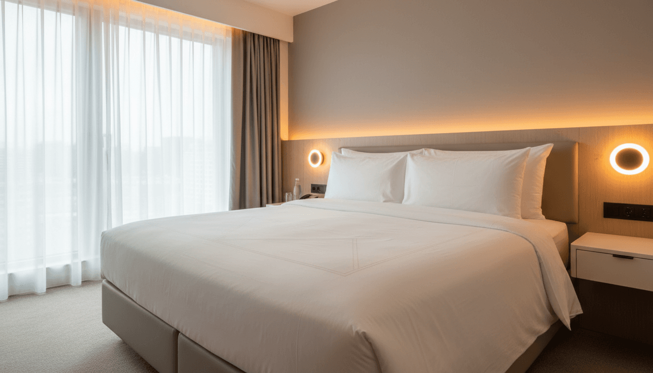 Crisp white hotel bed linen neatly folded on a modern hotel bed