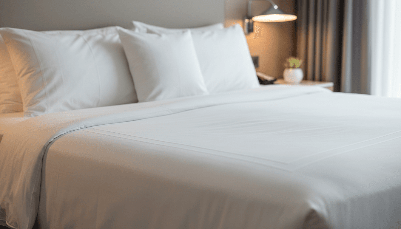 Crisp white hotel bed linen with folded corners in a modern hotel room