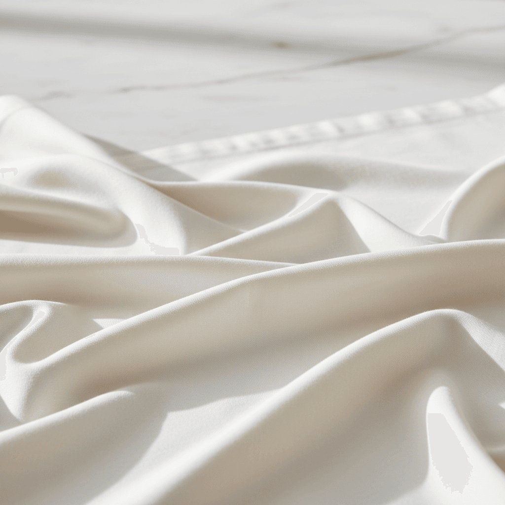 Close-up of white hotel-grade cotton bed sheet fabric showing tight weave