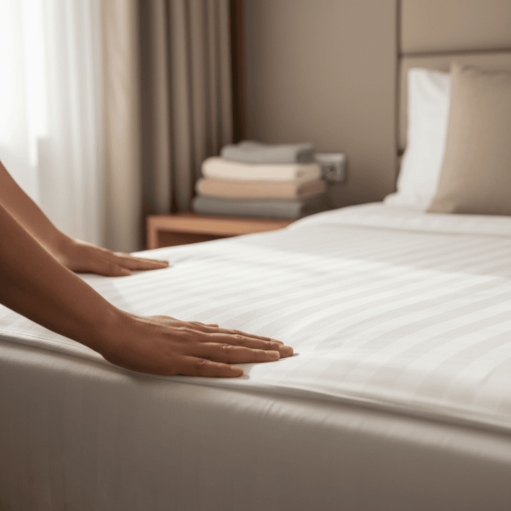 Hotel housekeeper neatly folding a white fitted sheet on a cart in a hallway