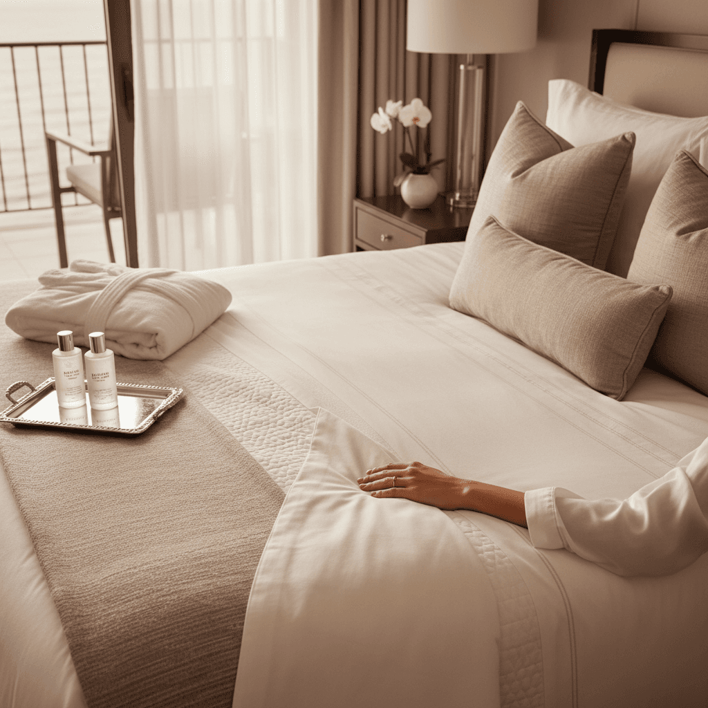 Crisp white hotel bed linen tucked tightly on a bed