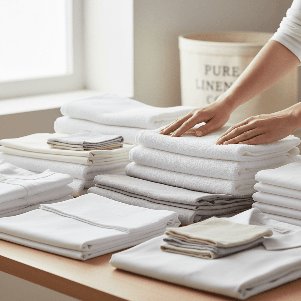 Stack of crisp white hotel bed sheets on a clean linen shelf in a commercial laundry room