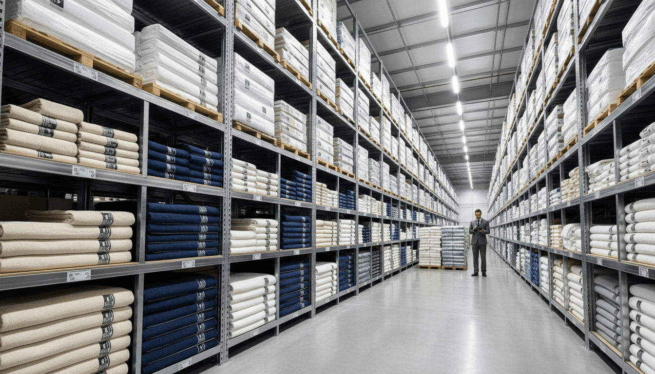 Delivery pallets wrapped in plastic stacked with boxes of hotel linens and mattresses in a warehouse