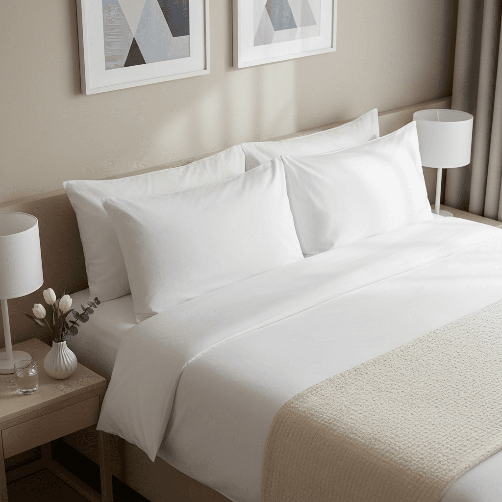 Neatly made hotel bed with crisp white linen sheets