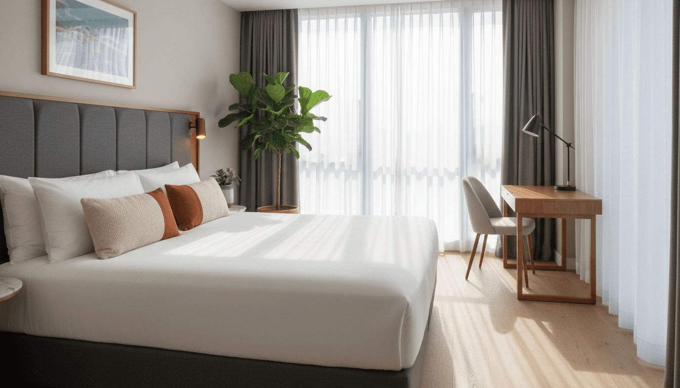 Hotel guest room with neatly made bed and white linens